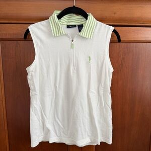 IZOD 100% Cotton White w/ Green Sleeveless 1/4 Zip Golf Polo Shirt Women Med EUC
